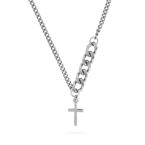 Closeup image of a silver chain with a cross pendant on a white background for jewelry photoshoot