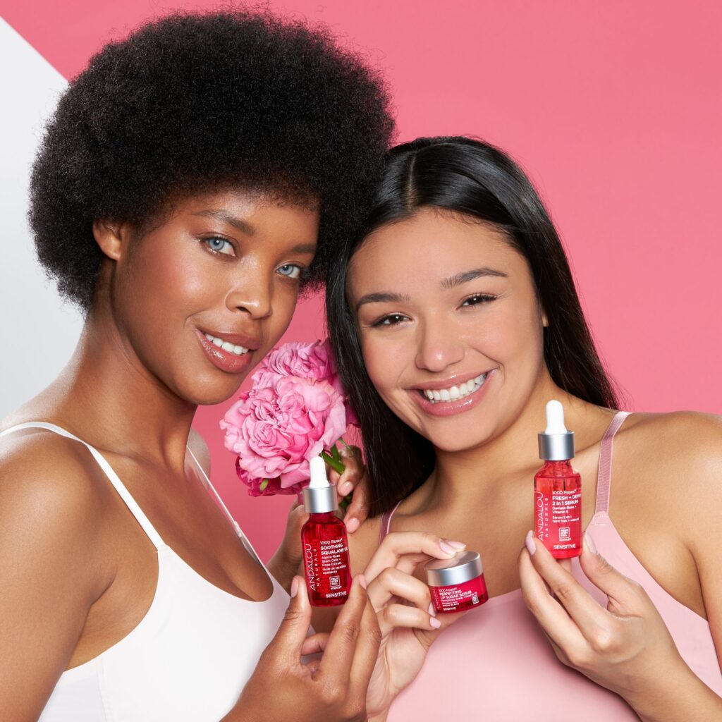 Photoshoot with models for skincare products on a pink and white background for an eCommerce listing