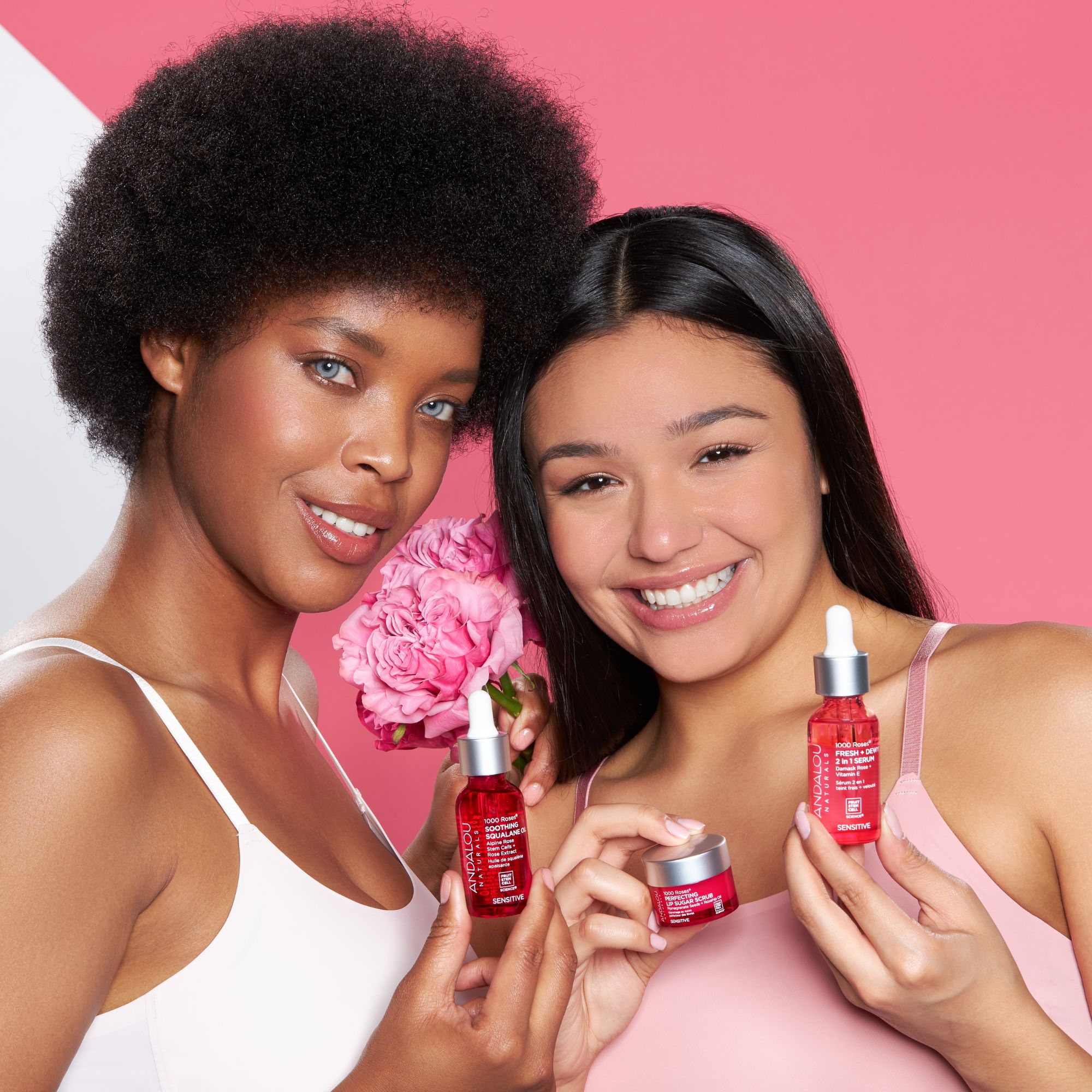 Photoshoot with models for skincare products on a pink and white background for an eCommerce by Isa Aydin NJ NY LA
