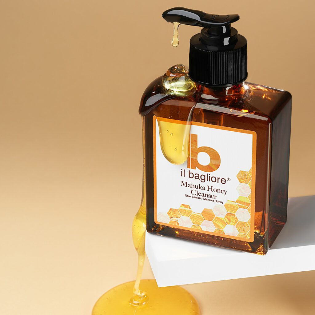 Creative skincare shoot with product texture on a colored background