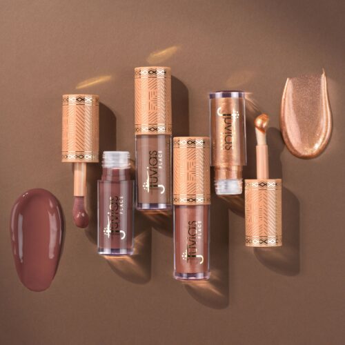 Lip gloss collection image in a brown background with texture swatches