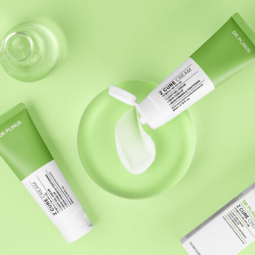 Creative face cream shot on a green background and texture swatch for a skincare brand