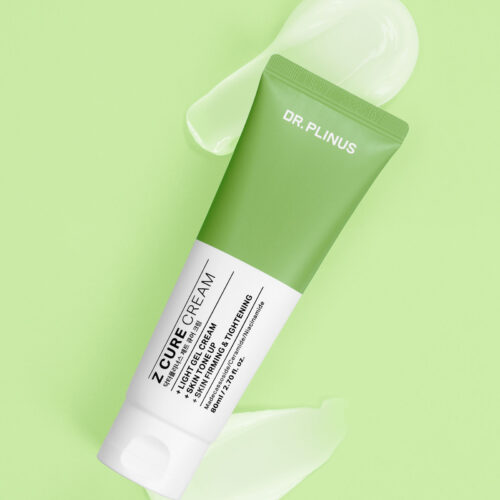 Creative skincare photography with a swatch texture on a green background for face cream