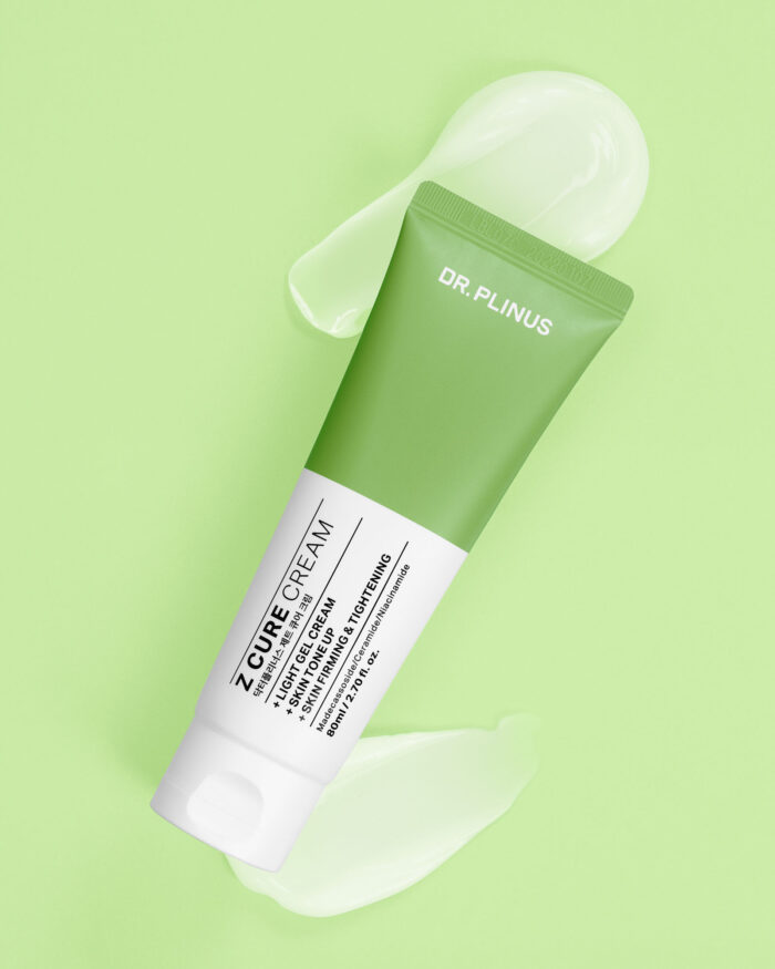 Creative skincare photography with a swatch texture on a green background for face cream