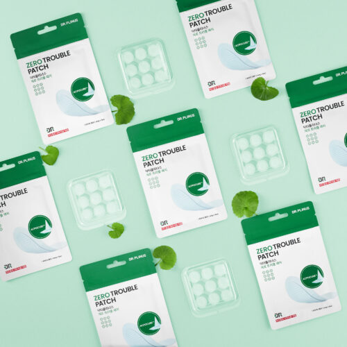 Creative lay-flat image of a face patches in the trays and pouches for skincare brand